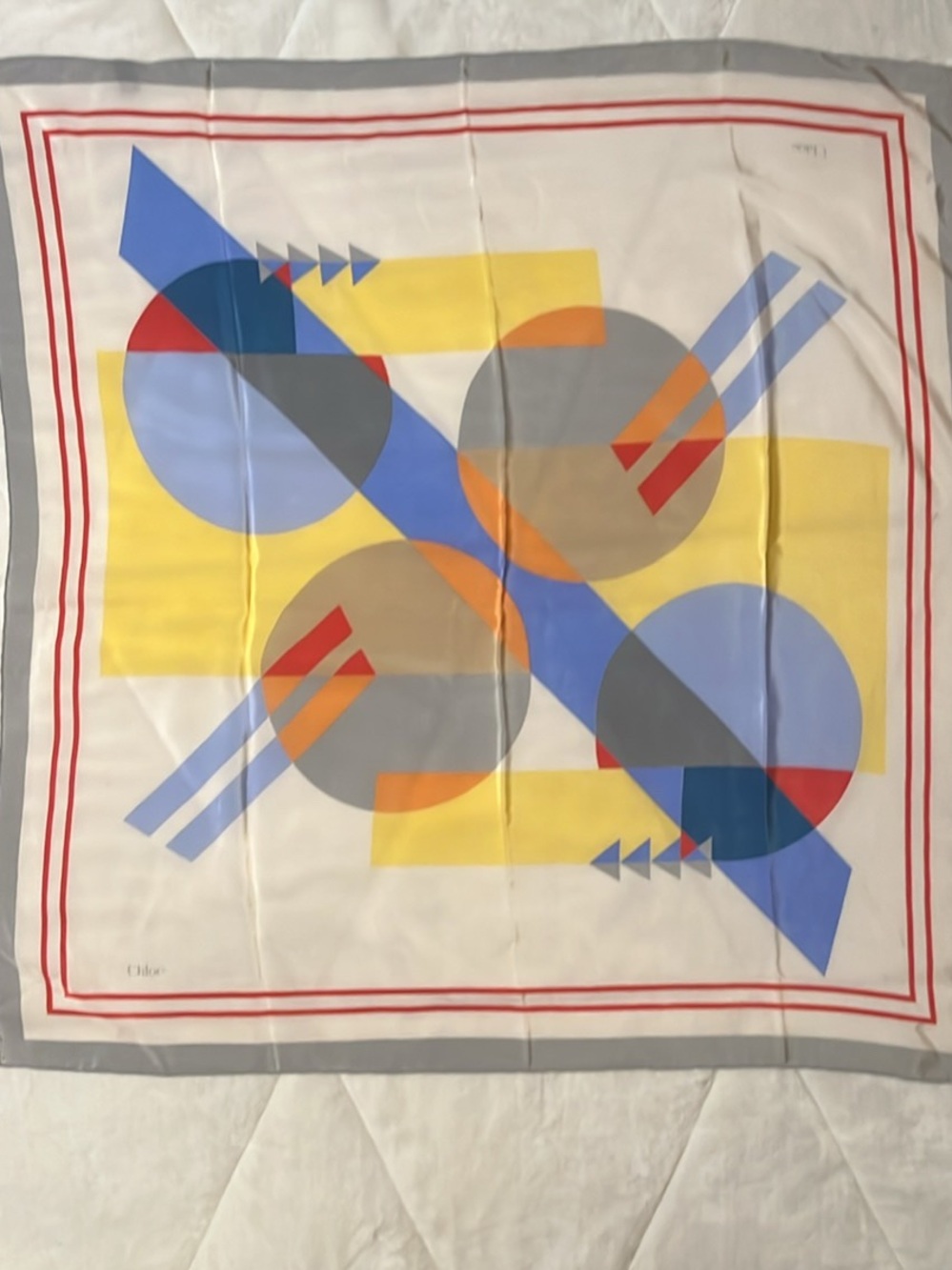 Chloé Abstract Geometric Silk Scarf in Blue, Yellow, Gray & Red